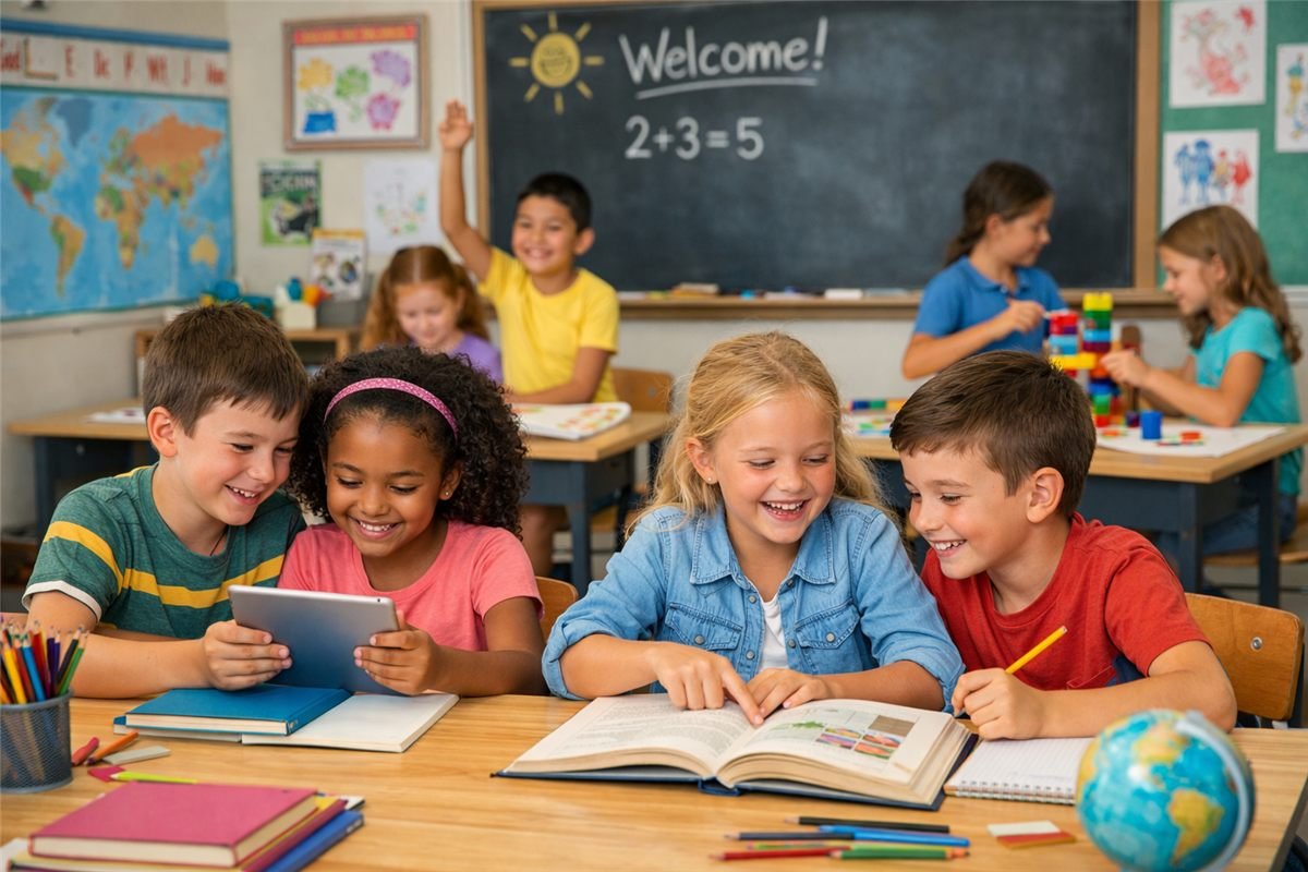 Young students working on math together